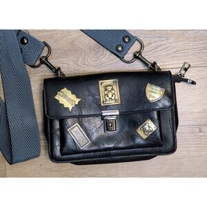 Moshineno Moshoinot Black Moto Patchwork Metal Badge Wide Strap Crossbody Bag
